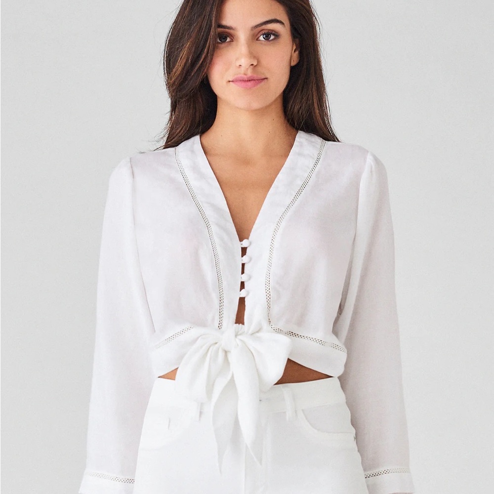 DL1961 Irving Place White Tie-Front Crop Top